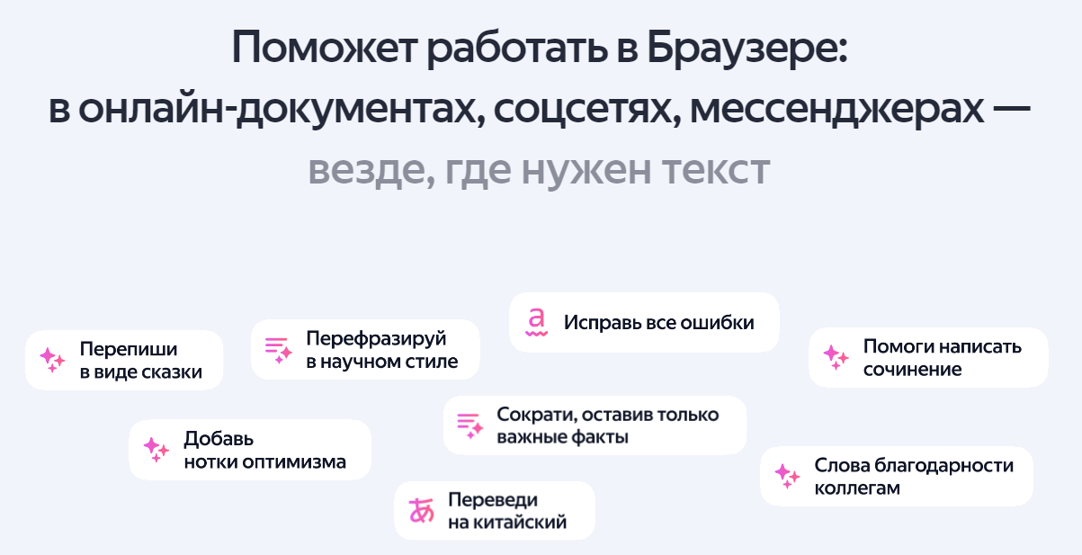 функции текстового нейроредактора от Яндекса